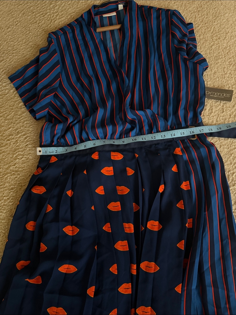 eva mendes for New York & Company Navy Blue Striped & Lip-Print Midi Dress - Picture 2 of 4